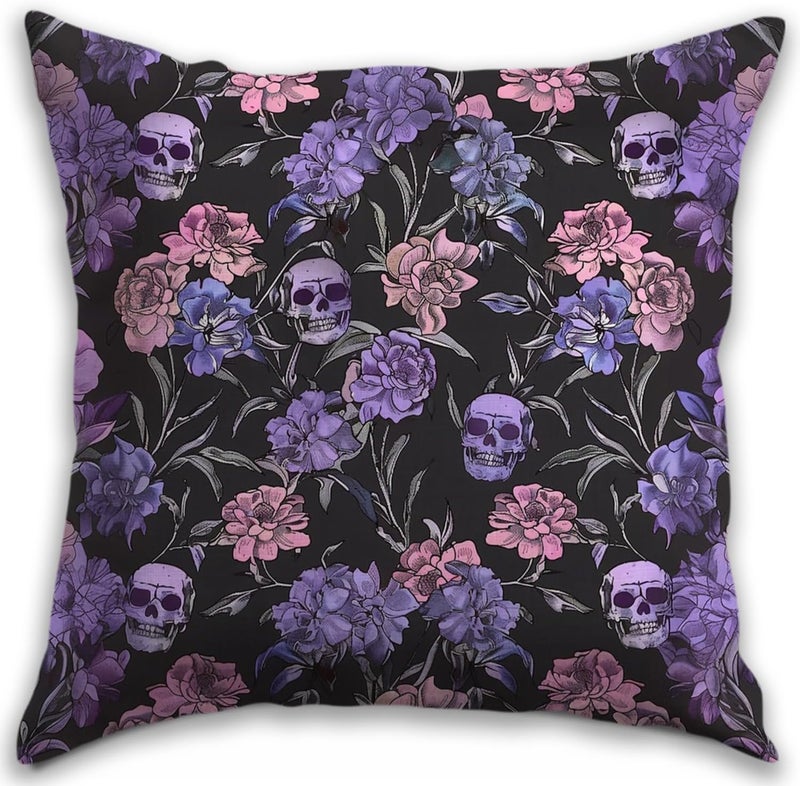 RBAFAO Gothic Floral Throw Pillow Cover, Darkly Elegant Floral Decorative Pillow Spooky Tiki Skull Flower Motif, Witchy Art Deco Pillowcase Cushion Cover for Bed Sofa Living Room (Purple, 18x18inches) - Image 1